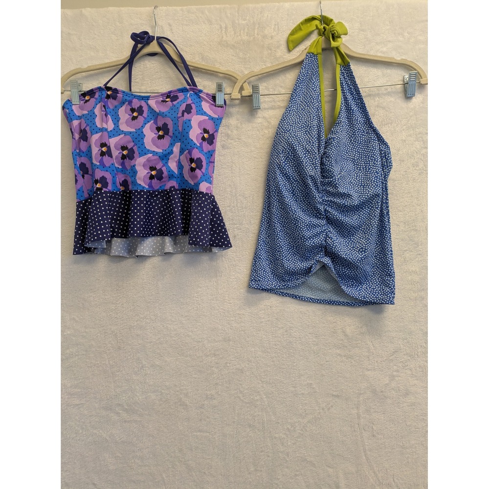 Lime Ricki Swim Halter Tankini Top Blue Floral Polka Dot Swimsuit Size‎ M